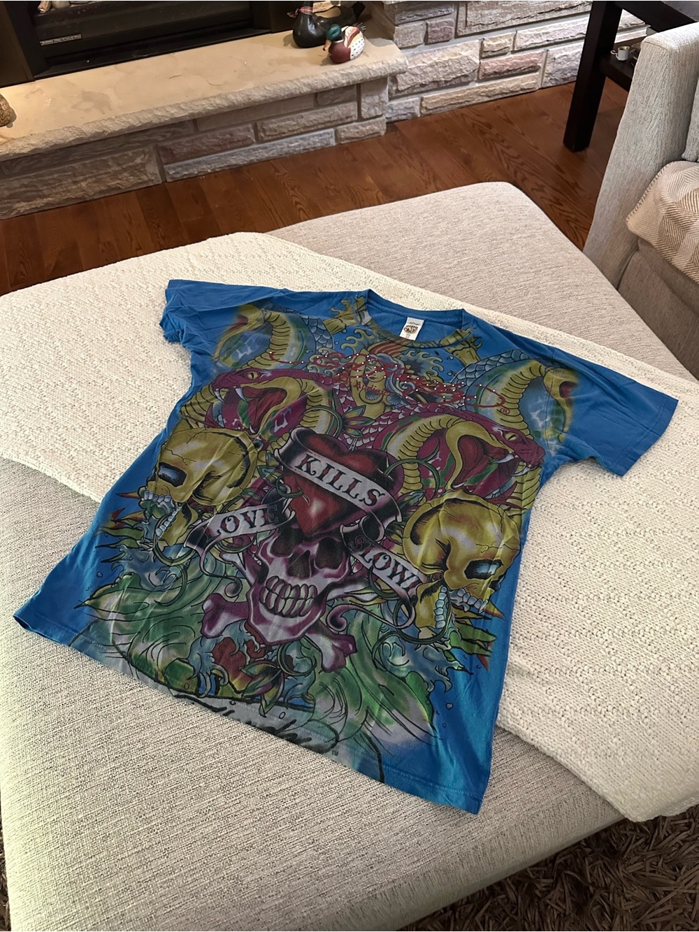 Y2K Ed Hardy all over graphic shirt with rhinestones